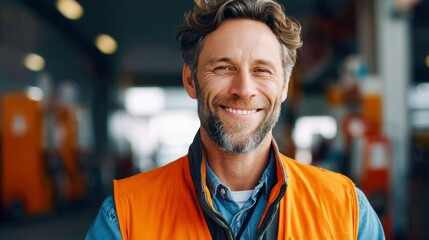 Naklejka premium A smiling worker poses with a happy expression, wearing a vibrant orange vest.