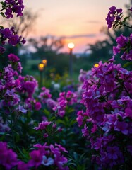 Obraz premium Dusk light bathes fragrant blossoms in a vibrant, tranquil garden, shadows, floral, tranquility