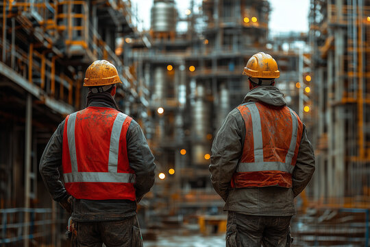 Two engineers wearing reflective suits and hard hats explore an industrial area, demonstrating teamwork and safety.