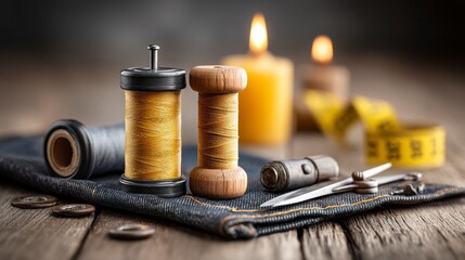 Vintage Sewing Tools with Spools of Thread and Measuring Tape on a Rustic Wooden Surface