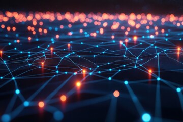 Abstract Network Connection with Blue Lines and Orange Nodes Representing Data Transfer and Communication