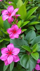 Vibrant pink Adenium obesum blossoms contrast against lush green foliage, flora, flower close-up, blossom