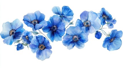 Watercolor blue flowers border banner for stationary, greetings, etc. floral decoration. Hand drawing. illustration