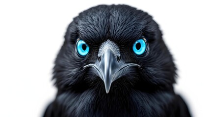 Fototapeta premium Majestic Black Bird with Striking Blue Eyes Intense Wildlife Closeup