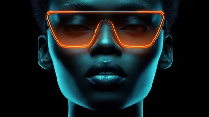 An elegant, futuristic portrait showcases a woman's face illuminated with neon orange glasses against black. © NovaVision