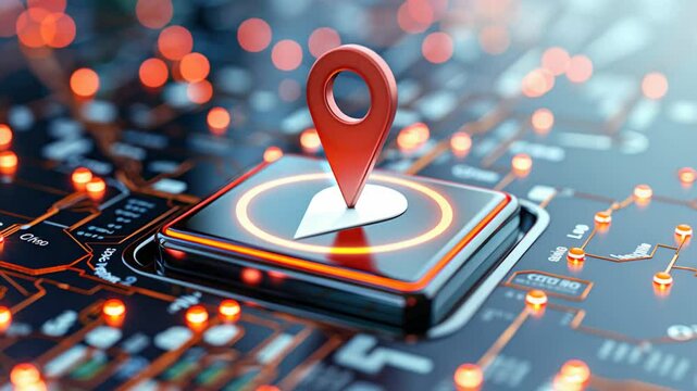 Animated map marker on circuit board illustrating navigation technology in highresolution graphics