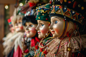 Obraz premium Children watching colorful puppet theater performance with traditional handcrafted toys generative AI