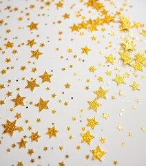 Golden glitter stars confetti scattered on white background, white, effect, glamorous