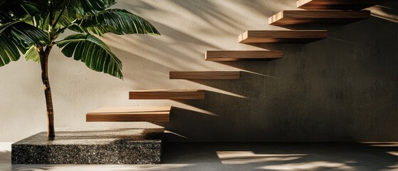 Modern Wooden Floating Staircase with Tropical Plant