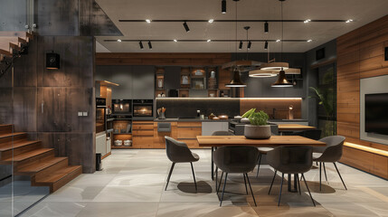 Modern kitchen with dining area and warm lighting.