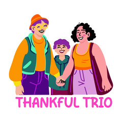 A flat style typographic sticker showing thankful trio