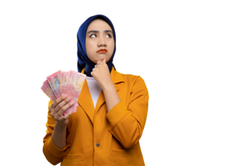 Pensive young Asian woman holding money and touching chin, looking up with doubtful expression isolated on transparent background