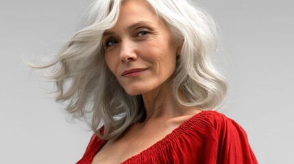 Elegant mature woman with silver hair smiles, wearing a red top, in a studio portrait.