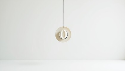 The single hat hangs delicately from the wire, creating a sense of lightness and suspended movement in the crisp white studio space.