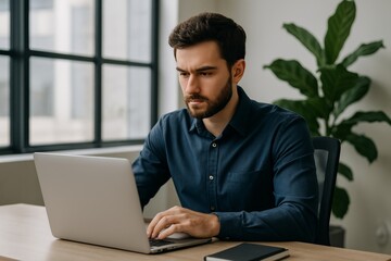 Fototapeta premium Focused Man Working on Laptop at Home Office with Modern Decor and Green Plant