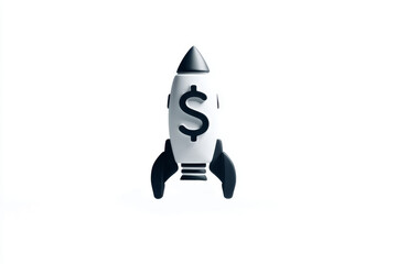 A sleek rocket with a dollar symbol integrated into the design, representing the financial boost and success of a business startup, set against a clean white background
