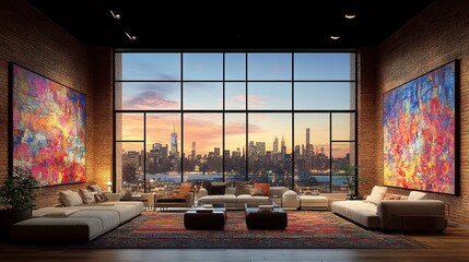 Fototapeta premium Modern loft apartment with city view, large windows, colorful artwork, and comfortable seating.