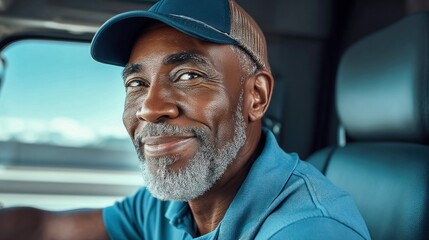 A happy, mature African-American man, truck driver, smiles warmly from the driver's seat, wearing a blue cap.