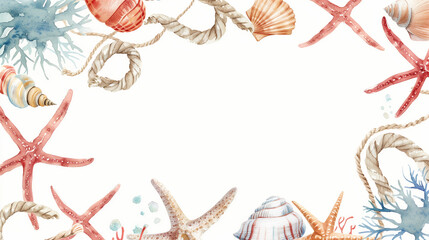 Naklejka premium Marine themed watercolor border with various sea elements.