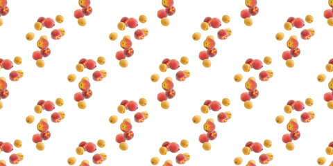 Seamless pattern of peaches and apricots rotating on a white background. falling or flying fruits in the air