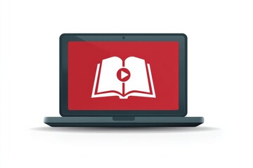 a laptop displaying an open book or play button symbol on the screen, representing an online course or e-learning concept, isolated on a clean white background.