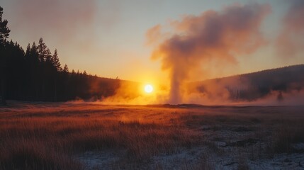 Sunrise Geyser Yellowstone Winter Landscape
