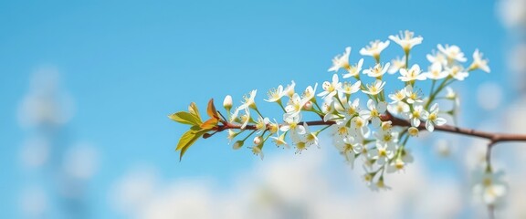 Obraz premium Delicate sprig of tiny white blossoms against a vibrant blue sky, full bloom, flower, branch, delicate