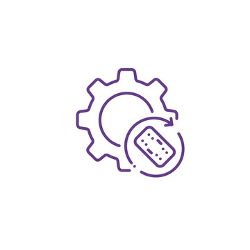 A minimalistic line art icon of a software patch update (gear with arrow or patch icon), styled as a simple interface icon. Use lavender and dark indigo lines only.