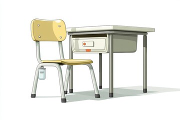 Cartoon a classroom chair and desk set, designed in a simple, minimalist style with clean lines and isolated on a white background.