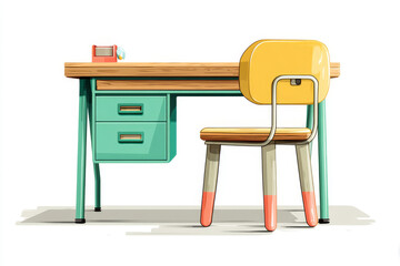 Cartoon of a classroom desk with a chair next to it, depicted in a modern flat design with solid colors, centered on a plain white backdrop