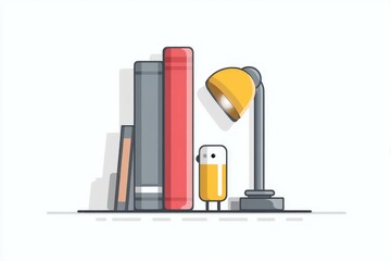 Cartoon a bookmark alongside a reading lamp, representing the act of reading or studying, depicted in a modern flat design and centered on a plain white backdrop.