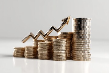 a stack of coins with an upward arrow, representing investment growth and financial progress, isolated on a clean white background.