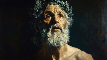 Elderly man in contemplation studio painting dramatic lighting close-up