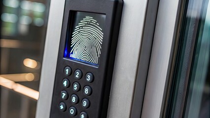 Cybersecurity risk management concept Fingerprint scanner with keypad on a modern security access panel.