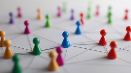 Network of diverse individuals connected by colorful nodes, symbolizing teamwork and collaboration, white isolated background. illustration