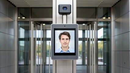 Cybersecurity risk management concept Facial recognition system at a modern entrance with a digital display of a man’s image.