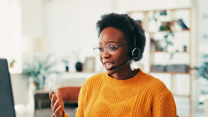 Home, black woman and laptop with headset for call center, consulting and telemarketing for...