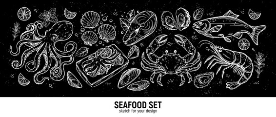 Sea cocktail: octopus, scallops, oysters, mussels, crab, shrimp, salmon with lemon and rosemary. Hand drawing sketch.