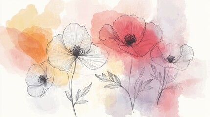 Line art flowers on watercolor background. Set of watercolor round icons. Vintage isolated illustration in pastel warm colors. illustration