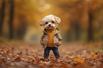 A stylish dog stands on a path covered in autumn leaves.