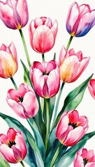 Fototapeta premium Hand-painted pink tulips in watercolor style. Watercolor illustration design