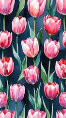 Fototapeta premium Hand-painted pink tulips in watercolor style. Watercolor illustration design