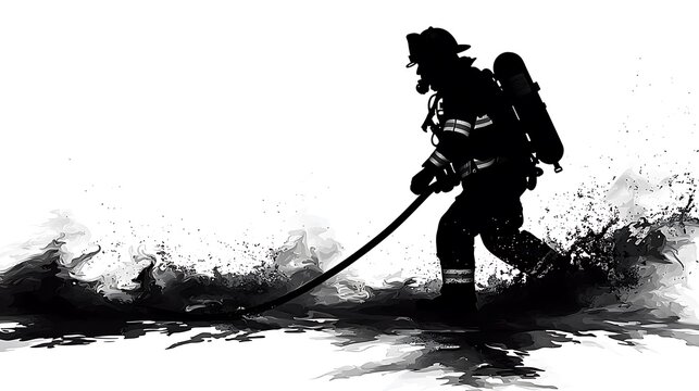 High-resolution vector silhouette of a firefighter in an action pose with a hose, wearing protective gear, 
