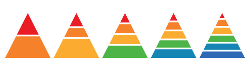 Levels of triangular pyramid. Pyramid infographic set. Half triangle pyramid chart. Maslow layer diagram. Development level infographic. Business graph. Vector business illustration.