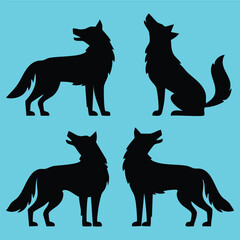 Set of four vector howling wolf silhouettes