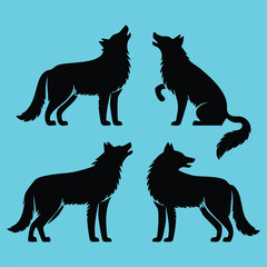 Set of four vector howling wolf silhouettes