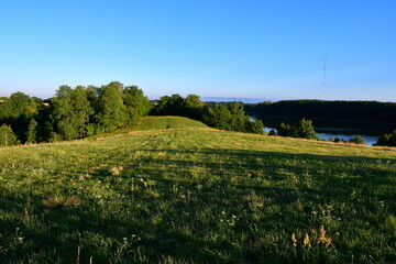 A close up on a vast field, meadow, or pastureland located near a lush forest or moor and a shallow yet vast river or lake, seen on a Polish countryside during a hike near the evening