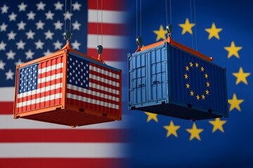 International Trade Relations Illustrated Through Cargo Containers Featuring American and European Flags on a Background of Their Respective Flags