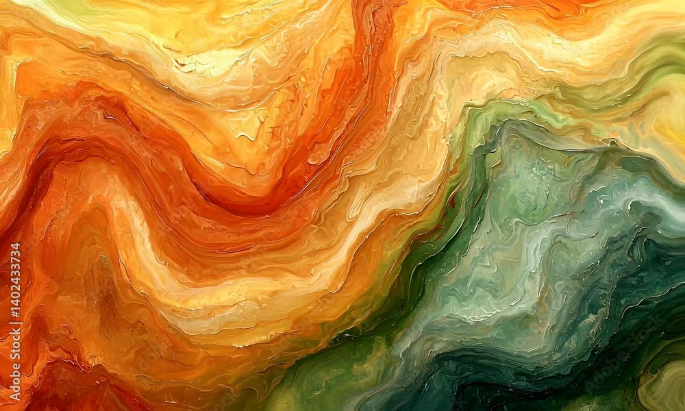 Sticker vibrant abstract waves of colorful fluid textures in orange green and brown tones creating a dynamic