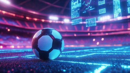 Soccer ball on a futuristic field with digital holographic match stats floating in the air, sleek modern stadium, glowing neon lights, sharp and clean action illustration